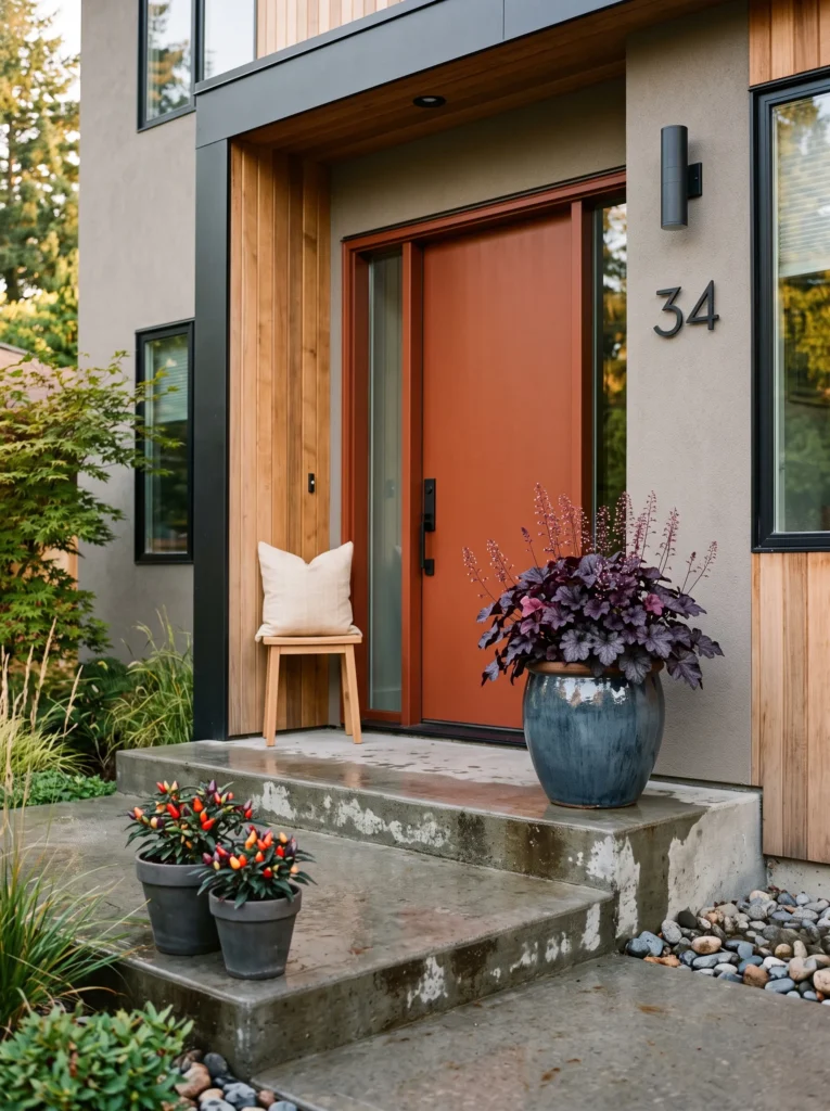  Front entry with staggered glazed terracotta pots of ornamental peppers and purple-leaf heuchera beside a cedar stool and concrete planter.