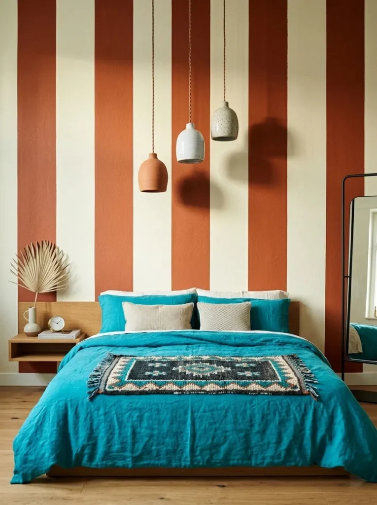 Terracotta and ivory striped wall behind a low bed
