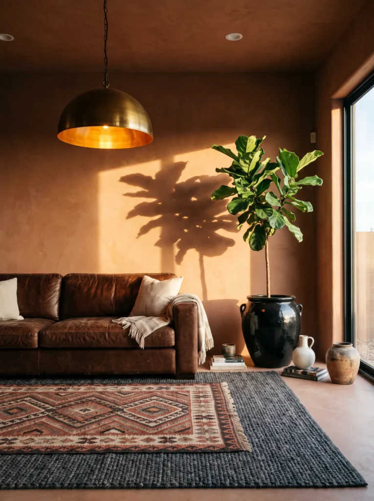  Terracotta living room with brass pendant light, chocolate leather sofa, and layered kilim rug