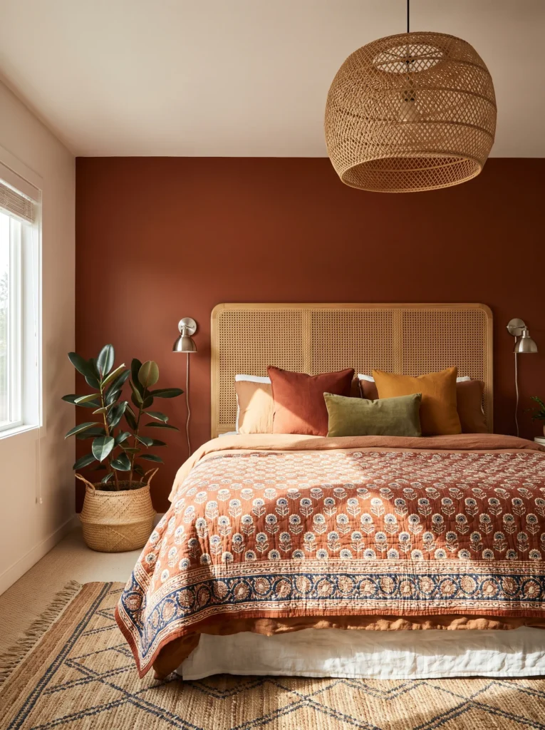 Woven cane headboard with burnt-sienna wall, rattan pendant, rust-and-cream quilt, and rubber plant