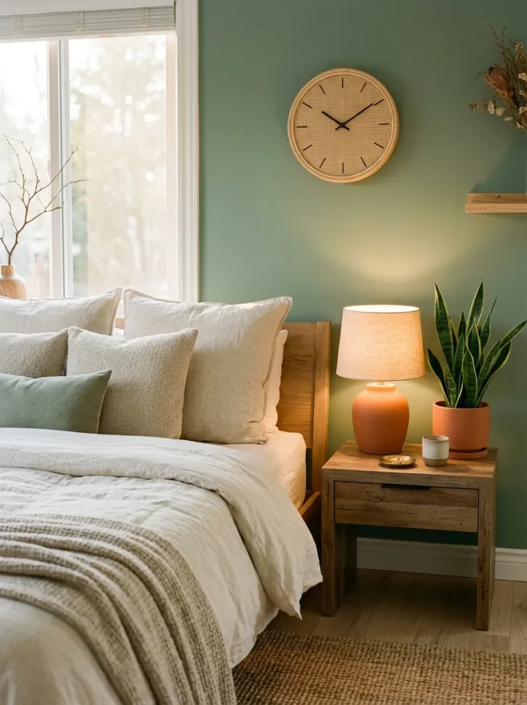 Sage bedroom with terracotta lamp, cream linen bedding, rattan clock, and snake plant.

