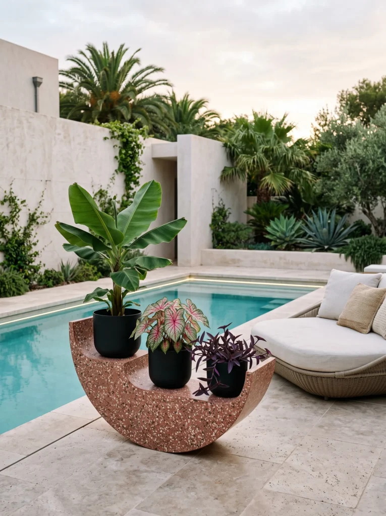pink Terrazzo crescent rack with banana and caladium