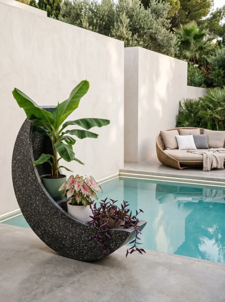  charcoal Terrazzo crescent rack with banana and caladium