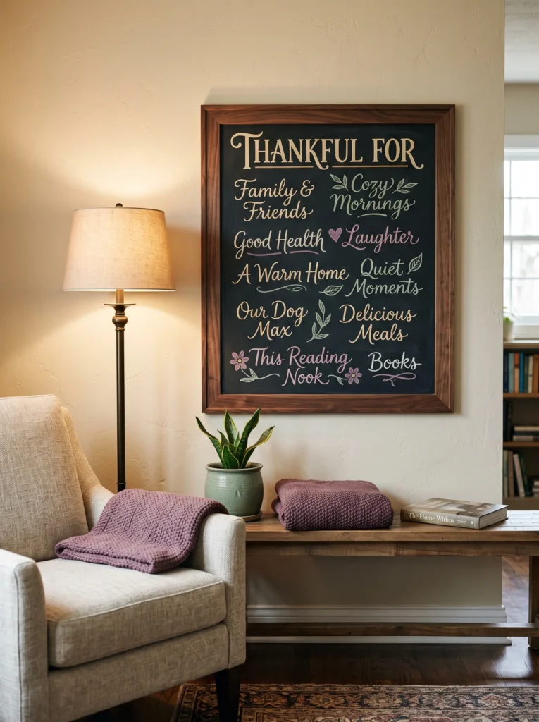 Interactive fall chalkboard reading “Thankful For” with handwritten notes, walnut frame, sage planter, and plum throw in a family room.