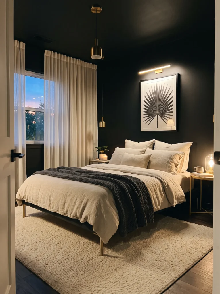 Small bedroom with black walls, ceiling, and trim, brass-legged bed and oatmeal linen bedding