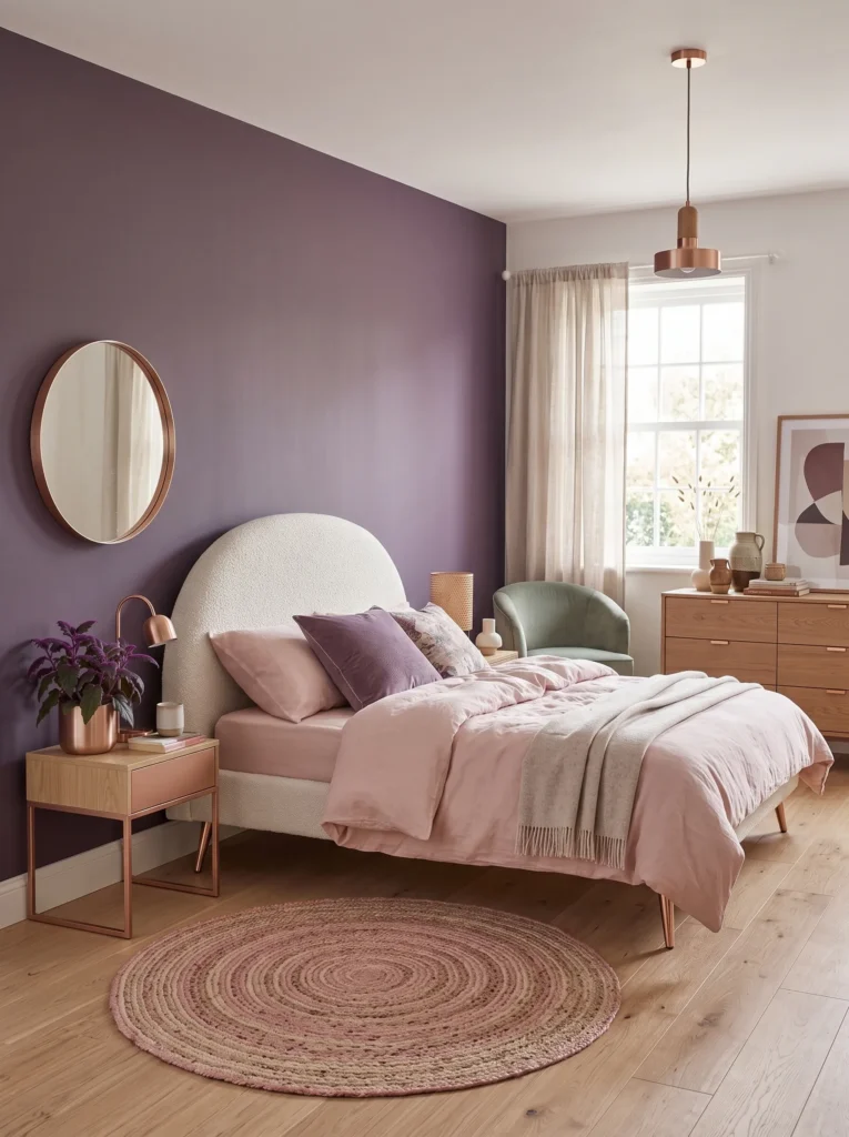 Thistle-purple bedroom with cream boucle furniture, rose-gold accents, blush textiles, and a Purple Passion Plant.