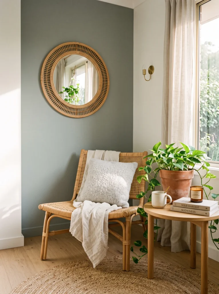Sage-gray reading nook with rattan chair, round mirror, and trailing pothos.