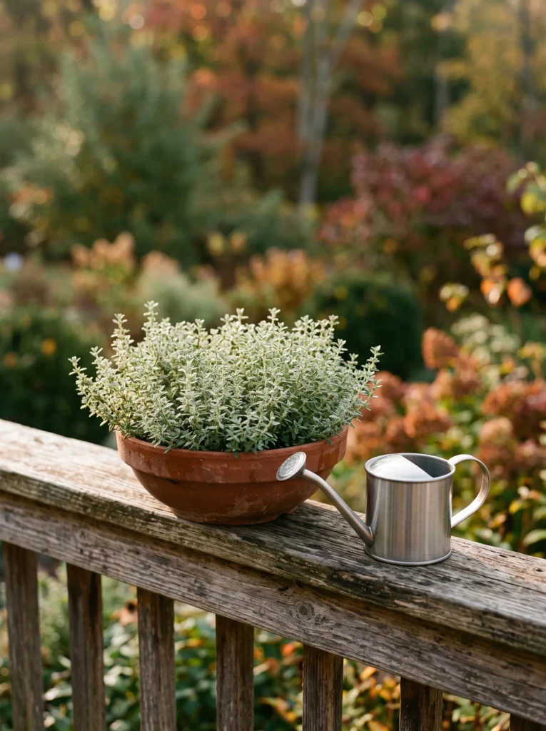  Fall herbs to grow in a shallow terracotta container, featuring healthy thyme with silvery-green leaves on an autumn porch.