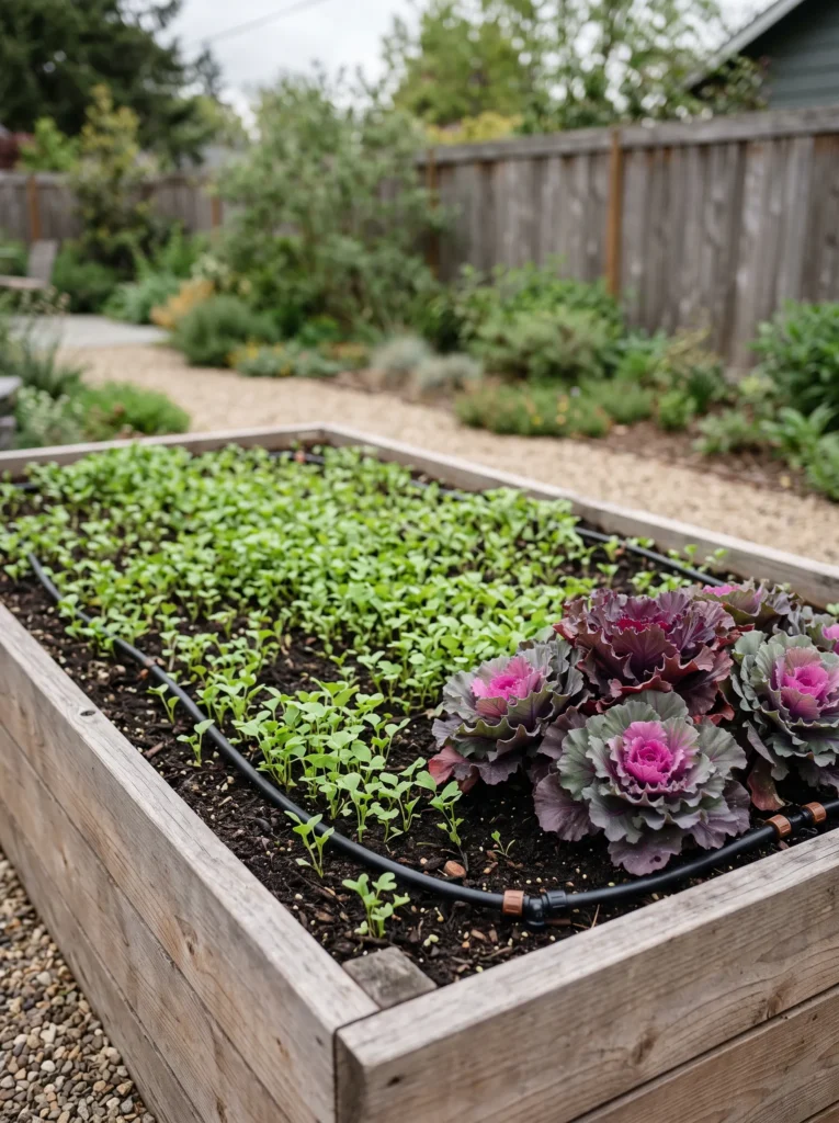 Raised cedar bed with crimson clover cover crop and cabbage.