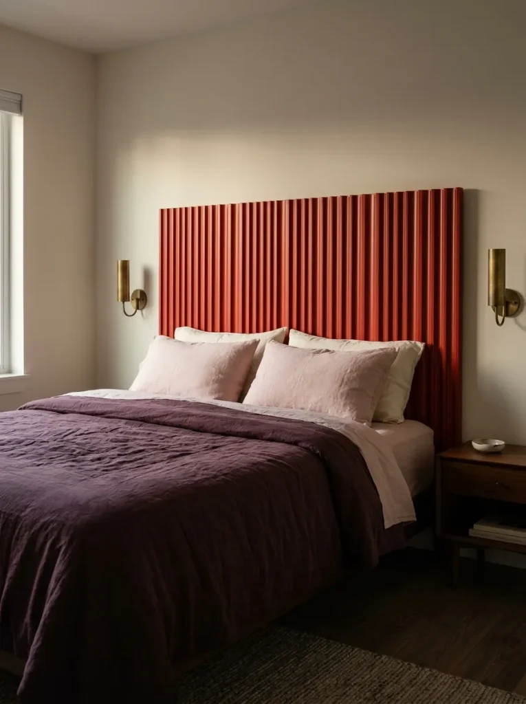 Tomato-red ribbed DIY headboard with plum bedding, pink pillows, and brass sconces.