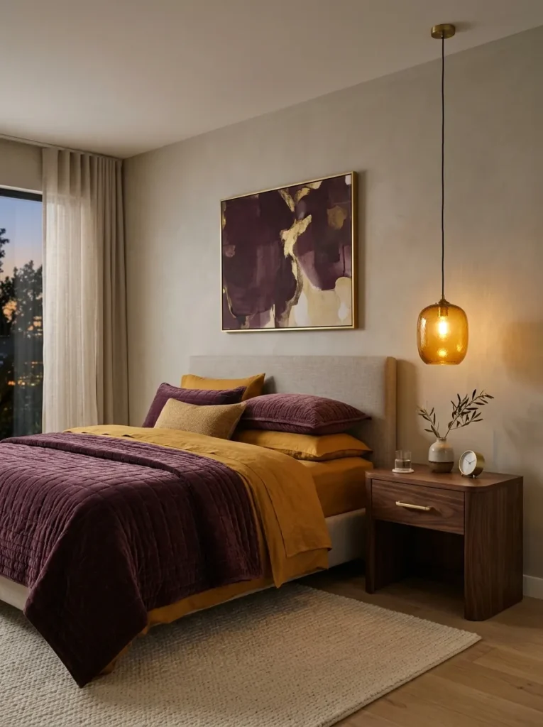 Topaz gold bedding layered under a deep plum quilted coverlet