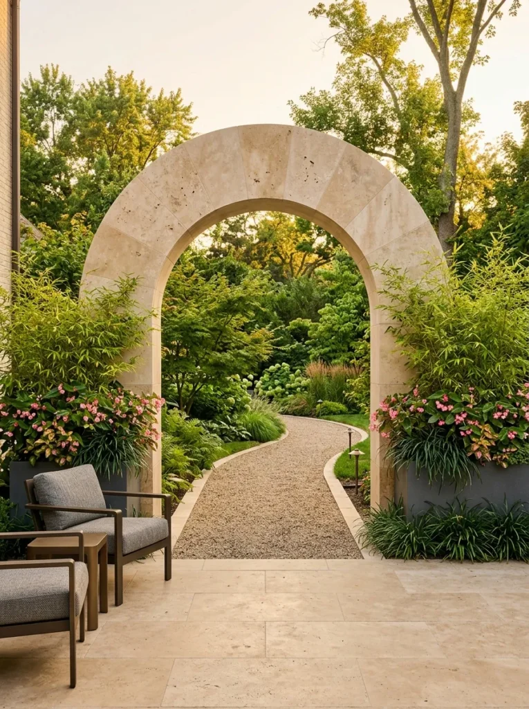 Travertine archway with bamboo and begonia.