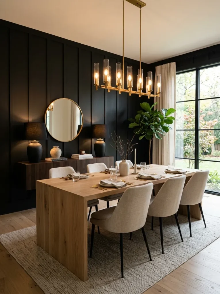 True black board-and-batten wall behind a white oak dining table