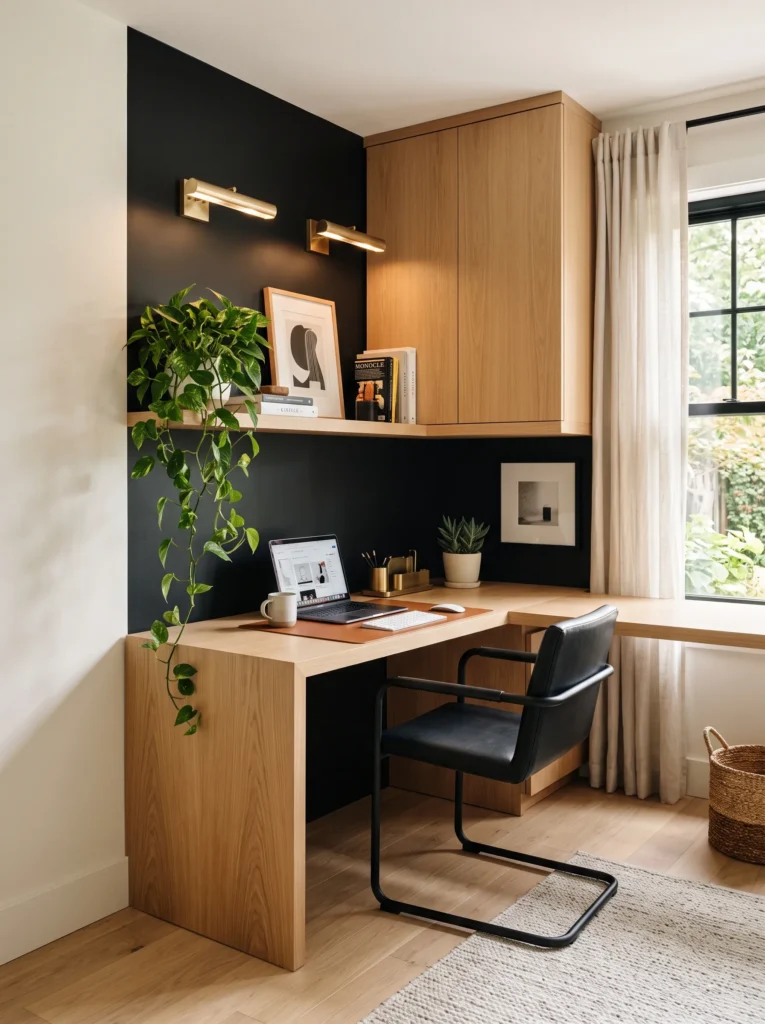 True black corner home office with a built-in white oak L-shaped desk.