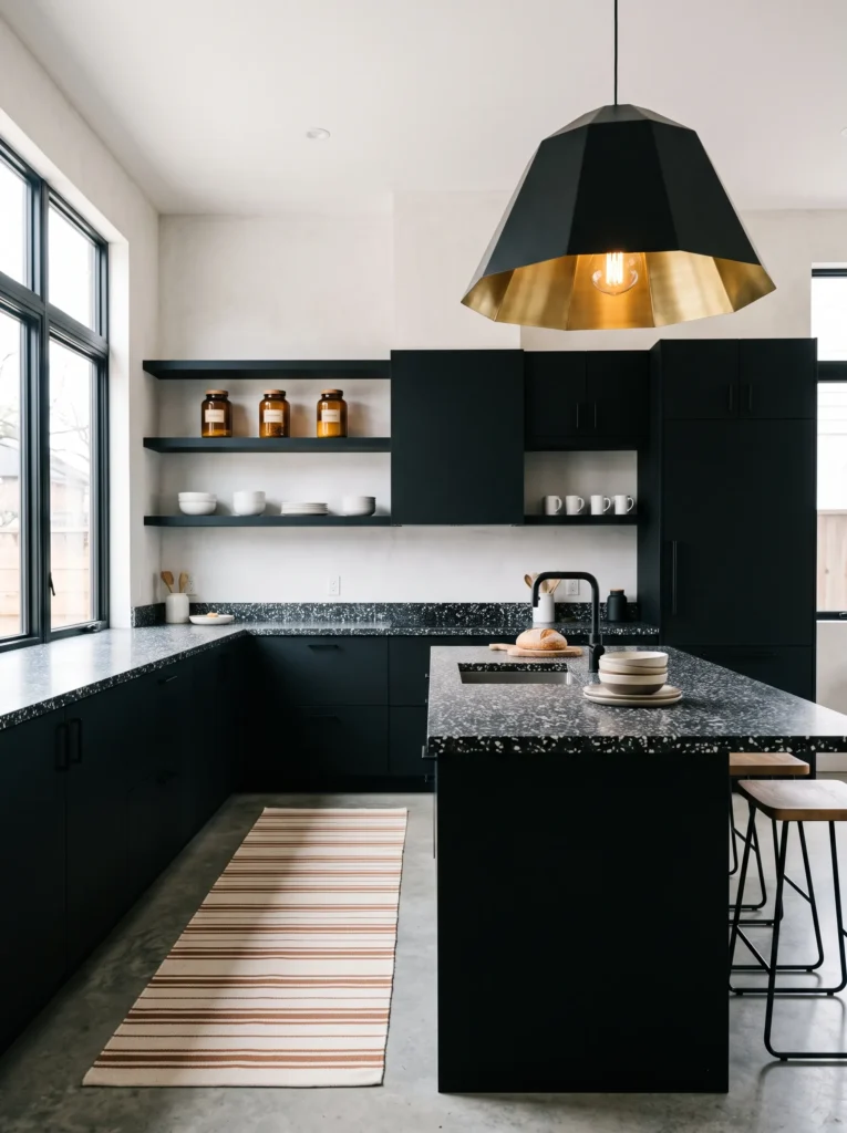 True matte black kitchen cabinetry with open shelving and terrazzo countertops.