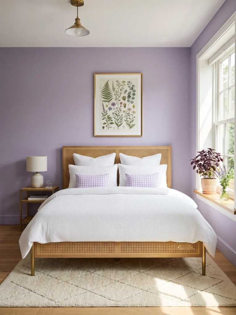 True lilac bedroom with cane furniture, brushed brass accents, white bedding, and Purple Basil.