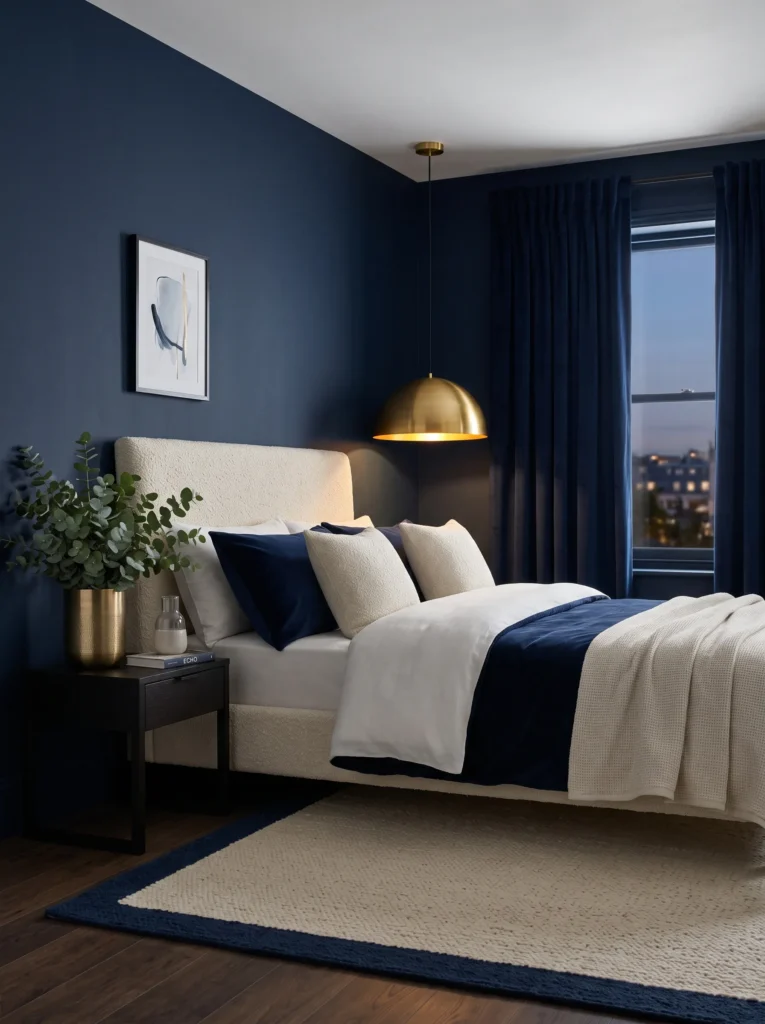 Dark blue and gold bedroom with true navy walls, brass pendant, ivory rug, velvet curtains, and eucalyptus.