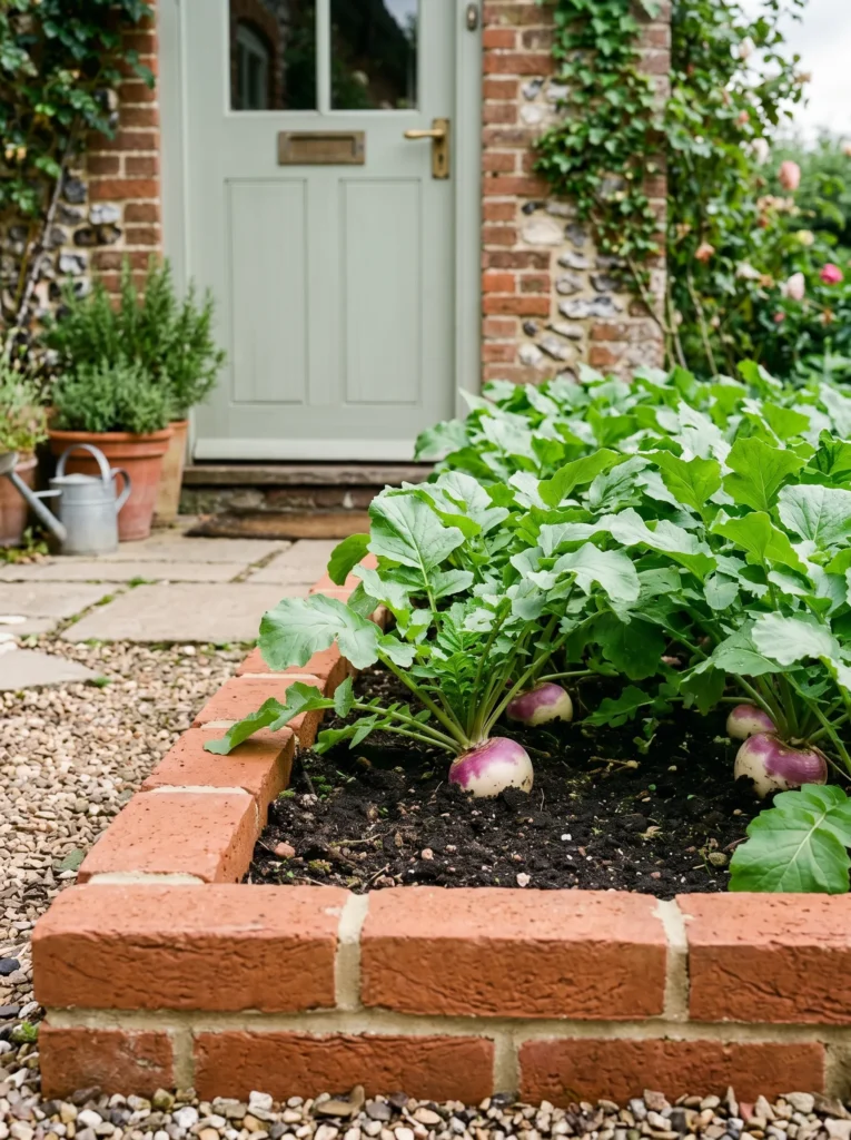 A low brick-edged garden bed near a kitchen door, brick course weathered and slightly mossy, filled with rows of turnip greens and a few exposed white-and-purple root shoulders. Soft midday light. Straight-on angle showing the brick edge and planting rows clearly.