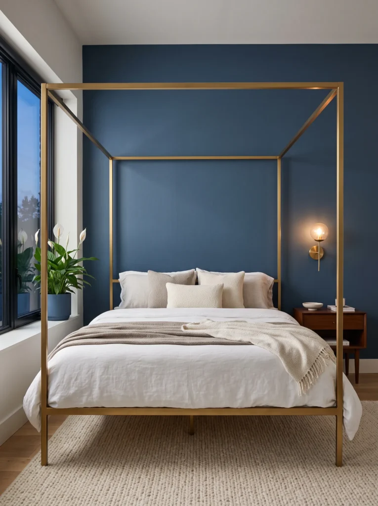 Twilight blue and gold bedroom with open brushed gold canopy bed, brass sconce, peace lily, and bouclé rug.