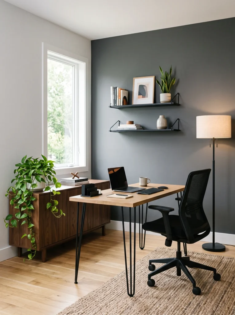 Two-tone gray home office with a black steel hairpin-leg desk.