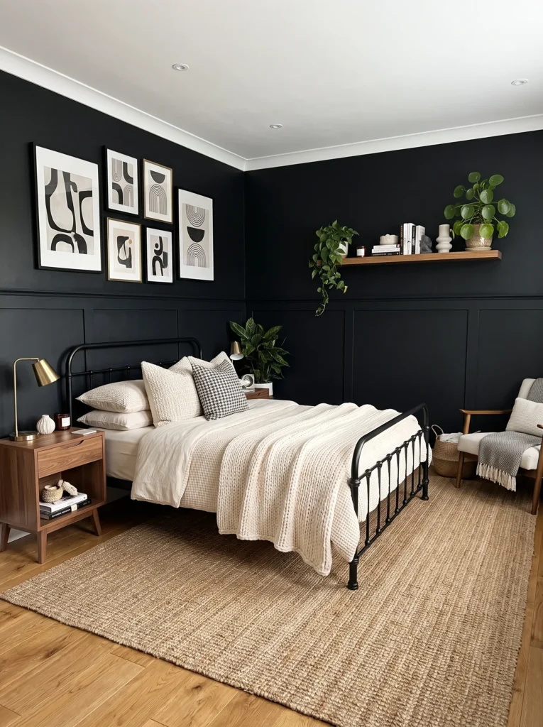 Black wall split into matte and satin sheens by a thin shadow-line molding