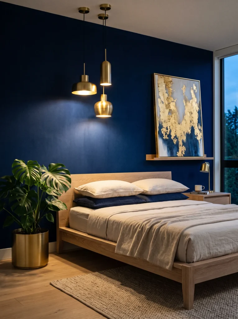 Ultramarine blue and gold bedroom with brass pendant cluster, bleached oak bed, monstera, and gold-leaf artwork.