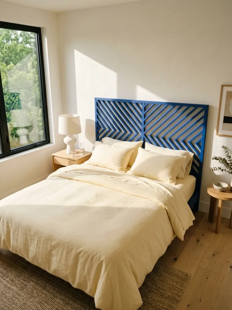 Ultramarine lattice DIY headboard with butter-yellow bedding and cream pillows.