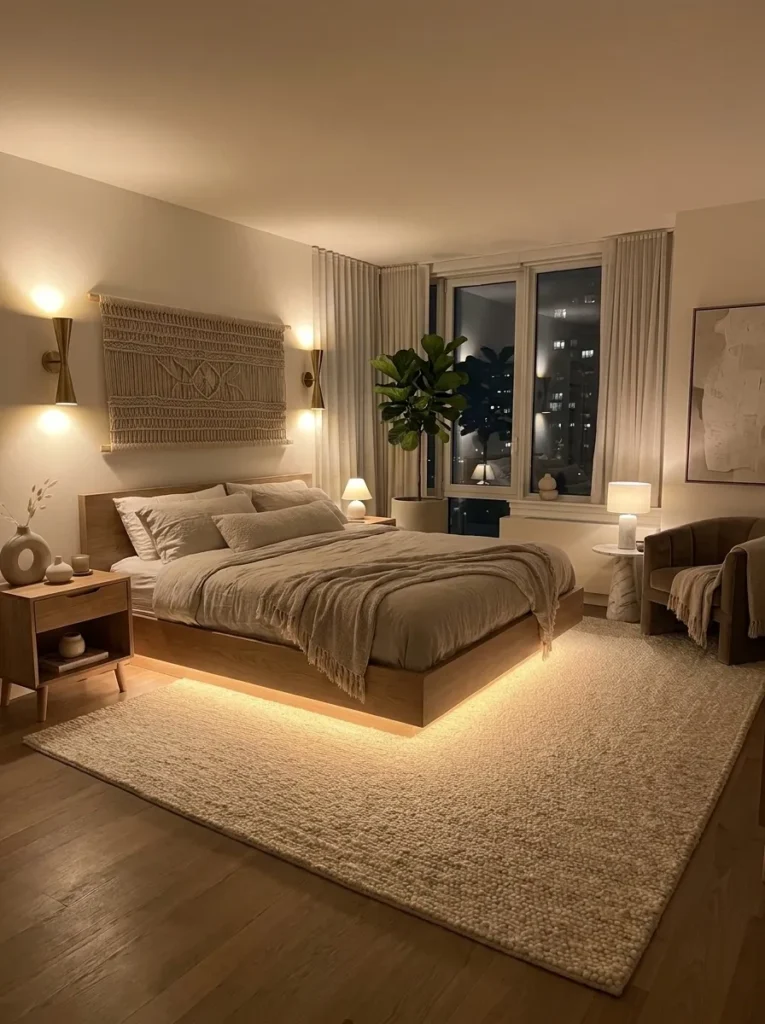 Warm LED strip glowing beneath a floating white-oak platform bed frame
