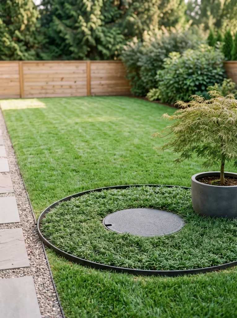  Underground dry well gutter downspout drainage idea hidden beneath a minimalist landscaped backyard.