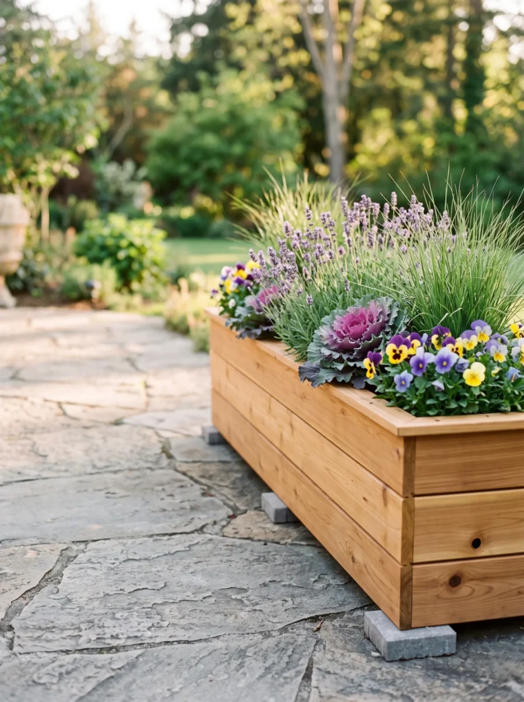 Raised cedar planter with ornamental cabbage along a patio edge.