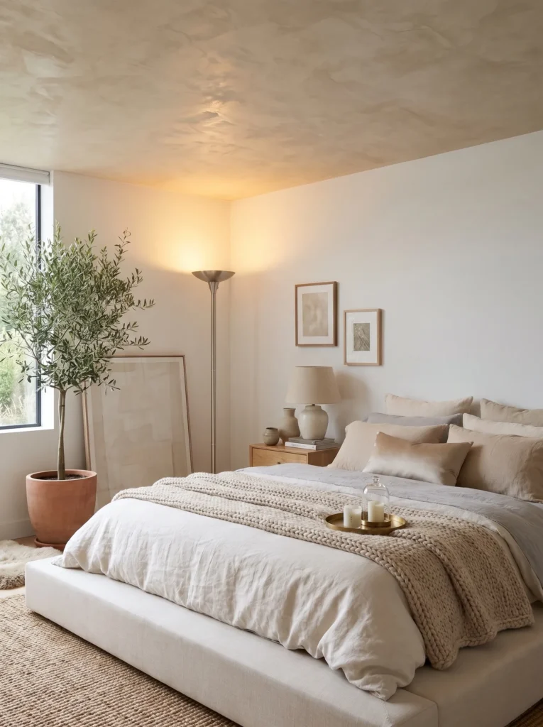 Brushed-nickel torchiere floor lamp casting warm light upward across a plaster ceiling