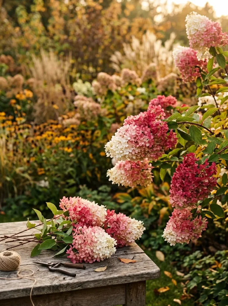  Fall border scene: 'Vanilla Strawberry' hydrangea blooms in a white-to-strawberry-red ombré gradient, several stems cut and laid on a rustic wooden table nearby. Warm late-afternoon light, golden tone, soft shadows. Close framing on blooms, background softly blurred, negative space upper left.