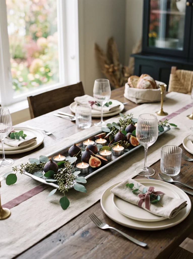 Fall table centerpiece ideas featuring figs, eucalyptus, velvet ribbon, pewter tray, oatmeal linen, mauve accents, and elegant seasonal styling.