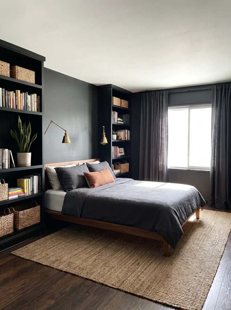 High-gloss black lacquer accent wall behind a curved walnut-legged bed frame