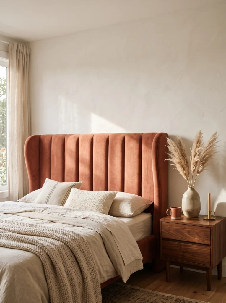 Dusty terracotta vertical channel wingback DIY headboard with soft morning light.
