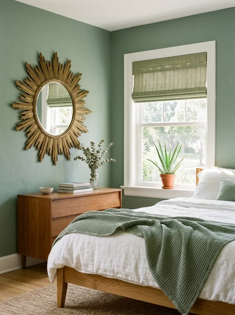 Vintage brass mirror opposite a window with sage shade, textured throw, and aloe plant.