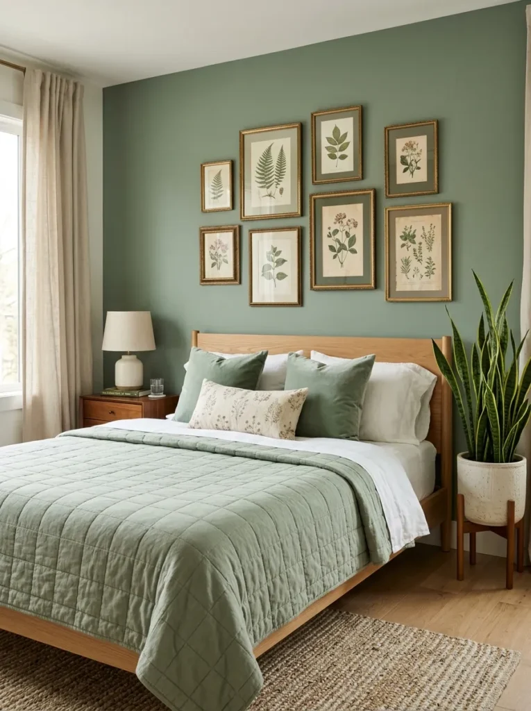 Sage green bedroom with brass gallery frames, quilted coverlet, and snake plant.