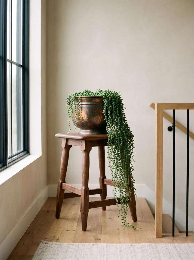 Reclaimed wood step stool used as a plant stand with trailing string of pearls on a staircase landing