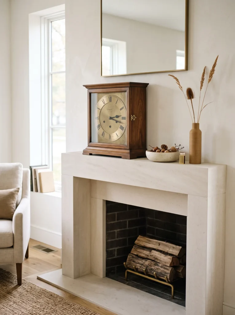 Large vintage walnut mantel clock with an aged-brass face and a cream pottery dish, styled on a refined autumn fireplace mantel.
