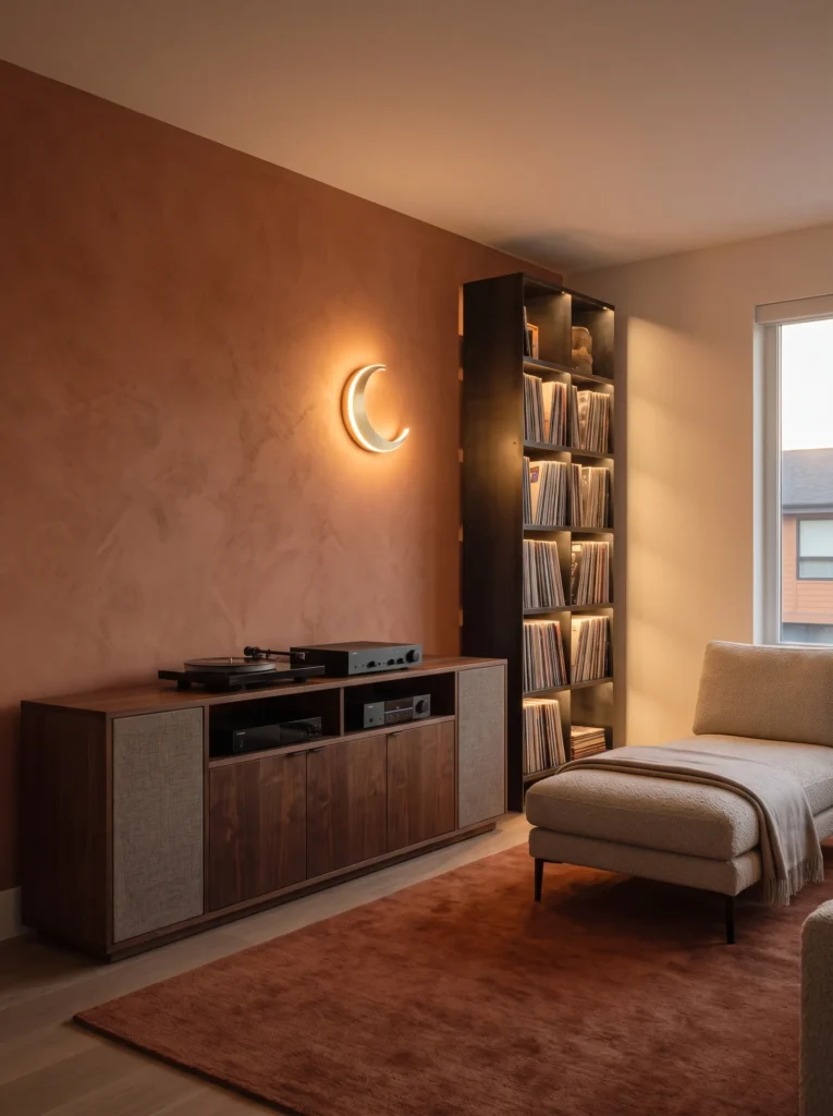 "Vinyl record lounge with brass sconce and walnut console"