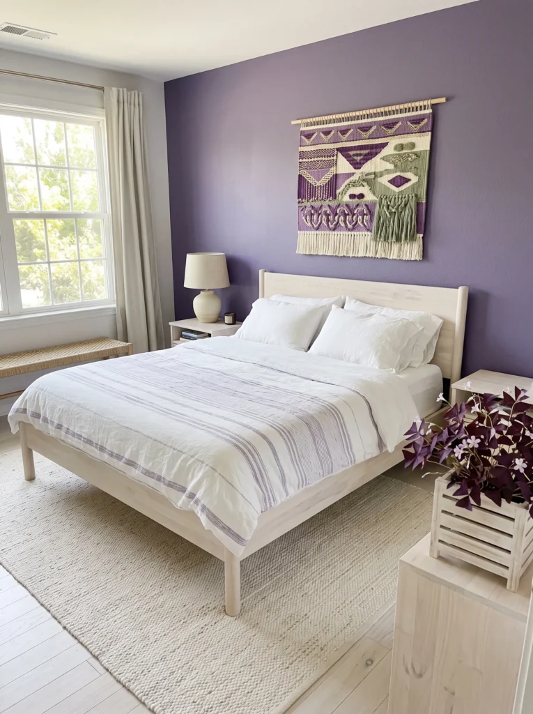 Violet bloom bedroom with whitewashed wood, woven tapestry, white linen, and Violet Oxalis.