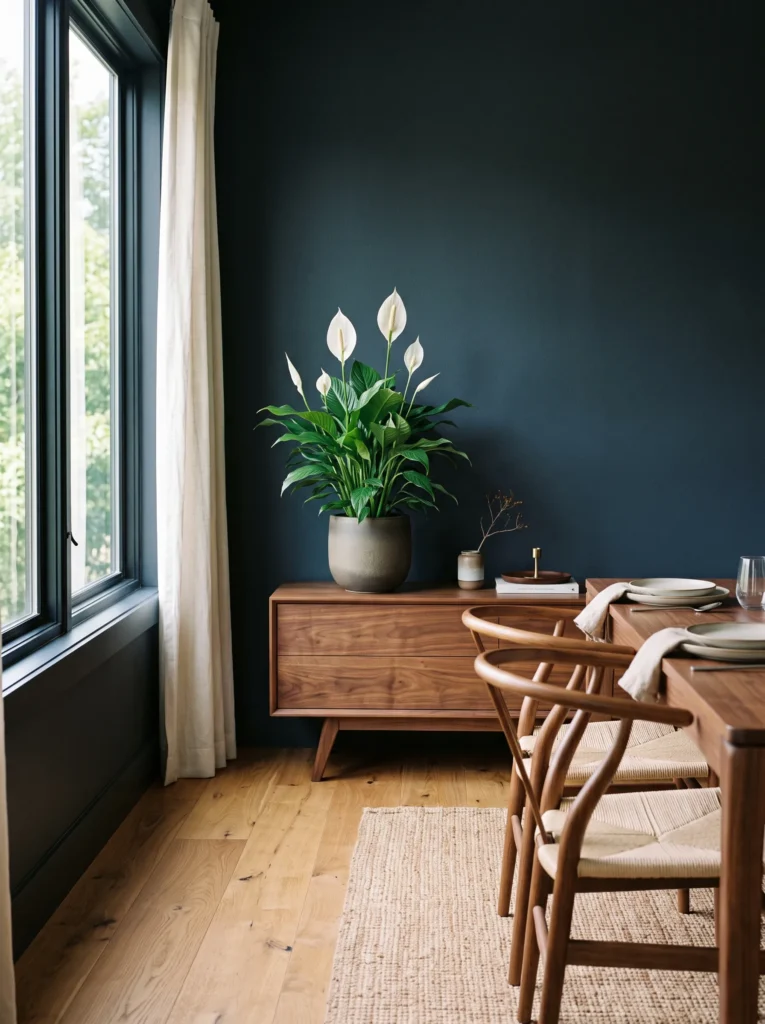  Low walnut console plant stand with a blooming peace lily against a dark dining room wall