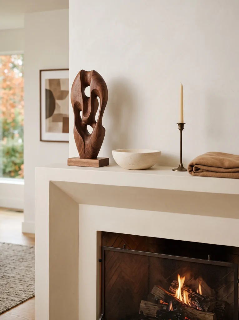 Abstract carved walnut pedestal sculpture with ivory stone bowl and antique-bronze accent on a contemporary fall fireplace mantel