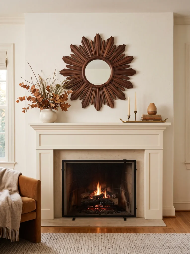 Carved walnut sunburst mirror above a cream mantel with an ivory stoneware vessel and antique-gold tray, sophisticated fall mantel decor.