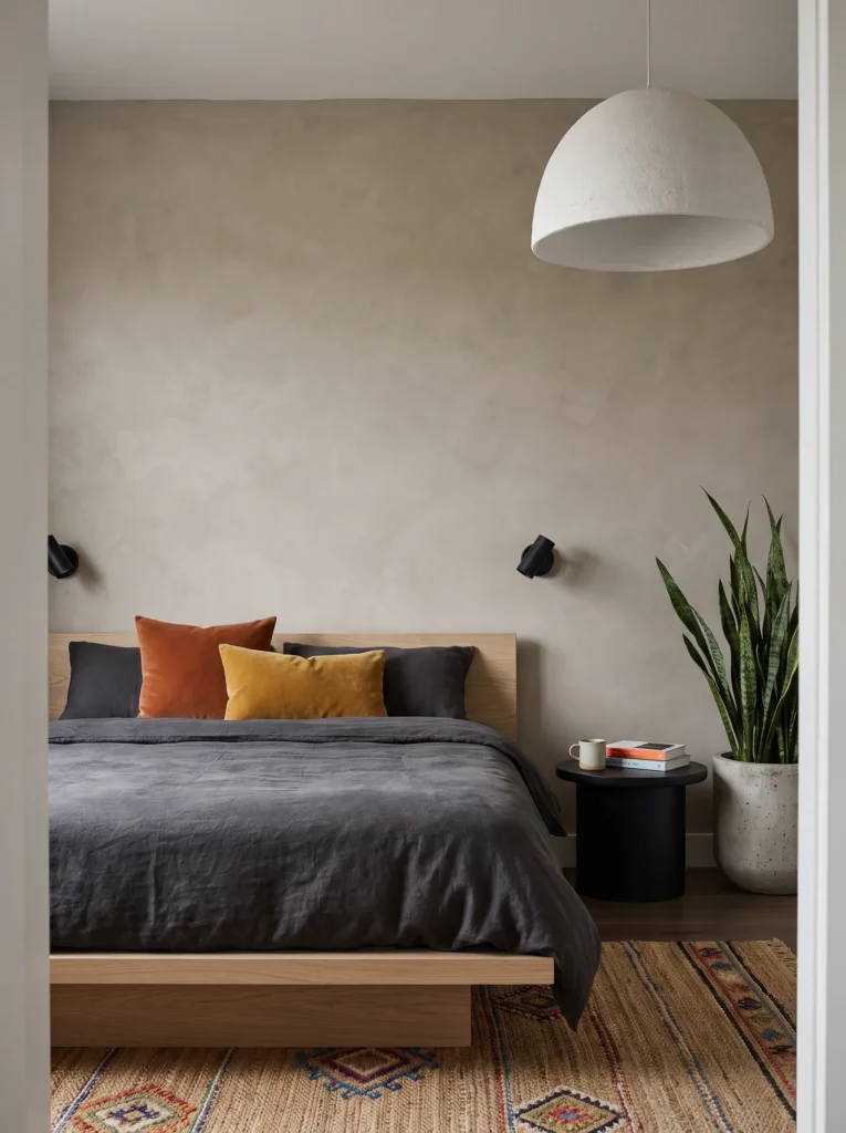Warm greige bedroom with fluted walnut bed, sculptural glass pendant, brass details, and fiddle leaf fig