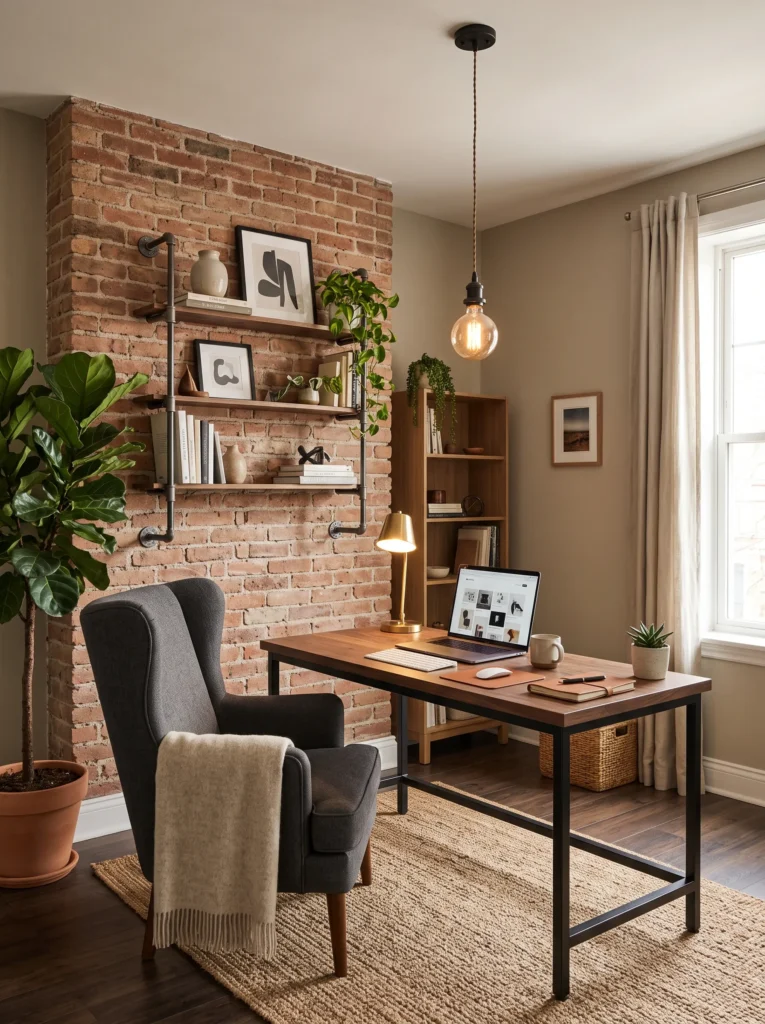 Warm greige home office with exposed brick wall and a raw-edge walnut desk