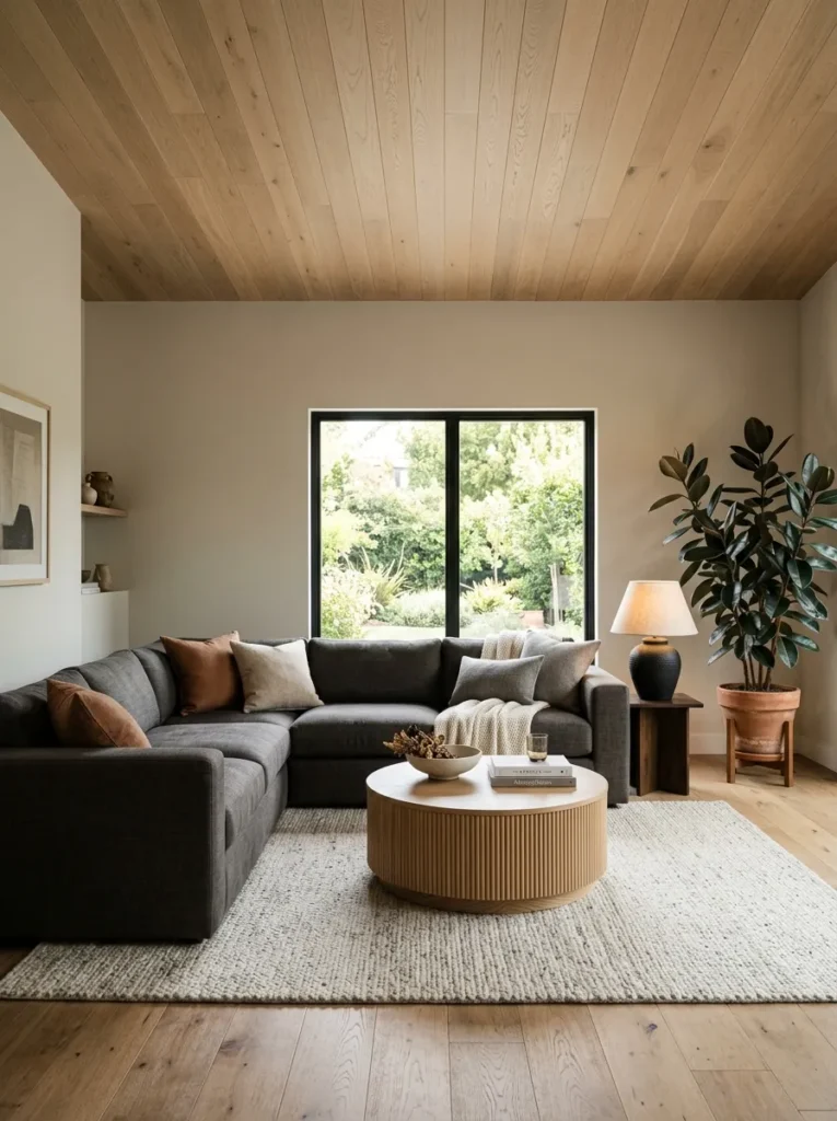 Warm greige living room with a stained white oak ceiling
