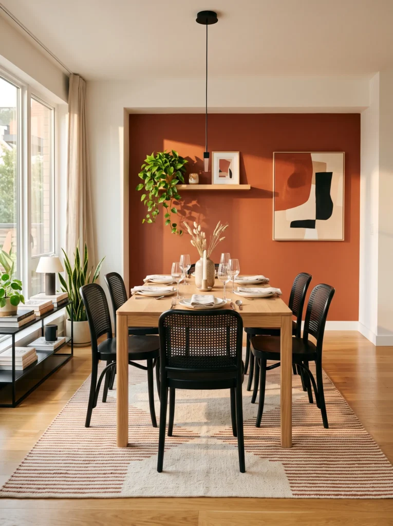 Light oak dining table against a warm burnt-terracotta accent wall.