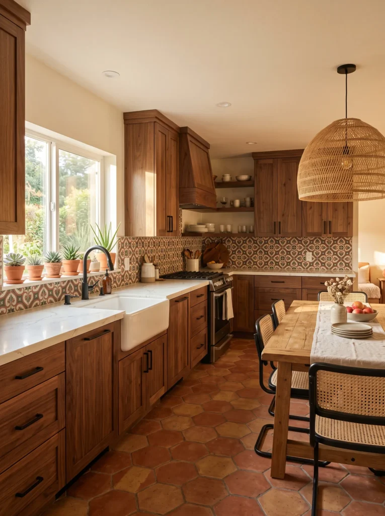 : Warm walnut stained shaker cabinets with terracotta hexagon flooring in a farmhouse kitchen.