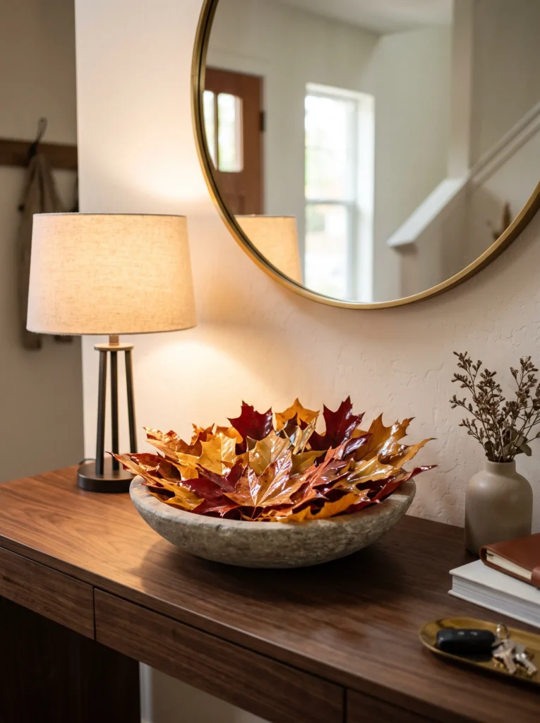 Glossy wax-dipped oak, sweetgum, and maple leaves in a shallow entry bowl.